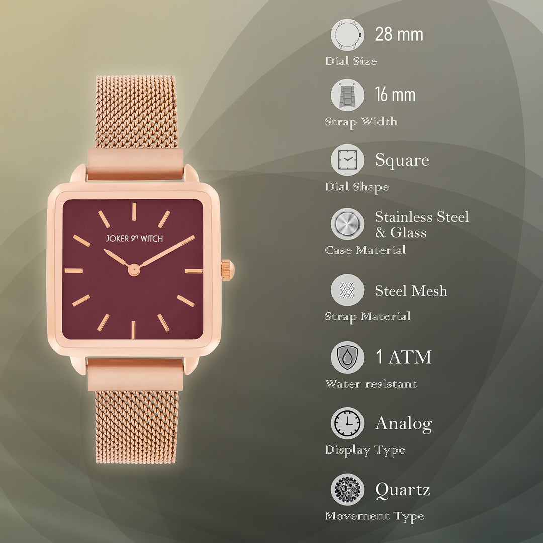 Vintage Maroon Small Square Dial Rose Gold Mesh Strap Women's Watch