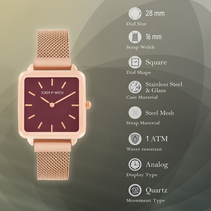 Vintage Maroon Small Square Dial Rose Gold Mesh Strap Women's Watch
