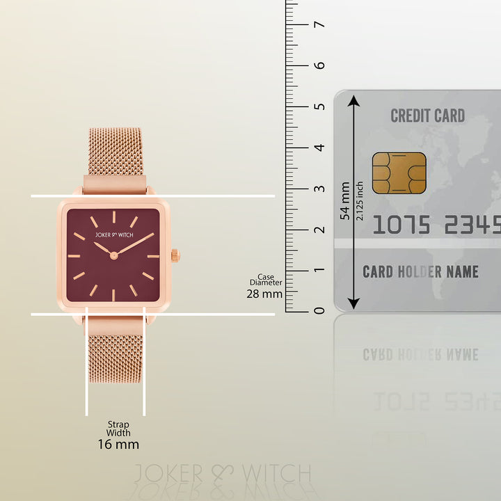 Vintage Maroon Small Square Dial Rose Gold Mesh Strap Women's Watch