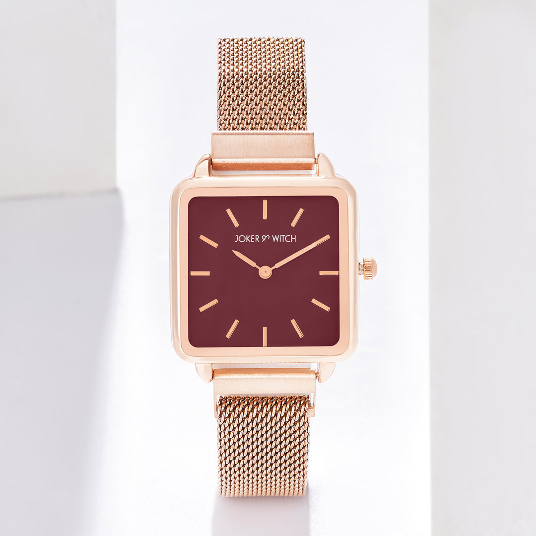 Vintage Maroon Small Square Dial Rose Gold Mesh Strap Women's Watch