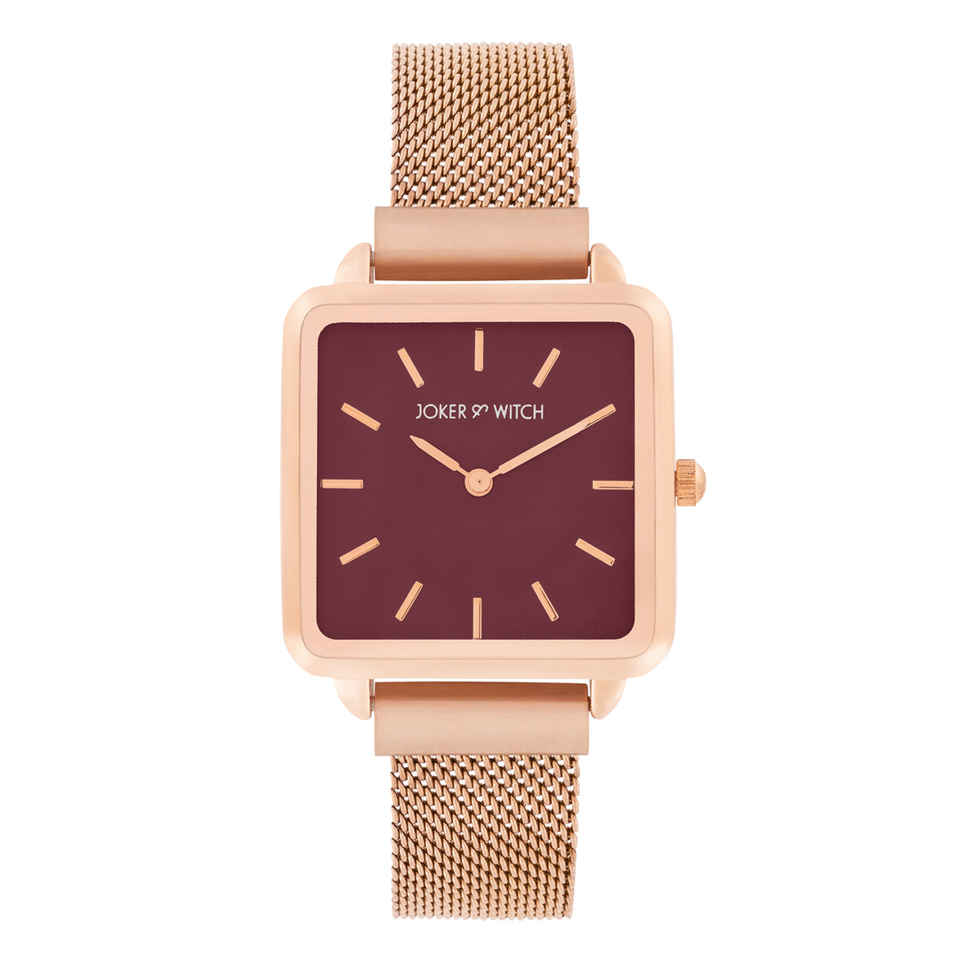 Vintage Maroon Small Square Dial Rose Gold Mesh Strap Women's Watch