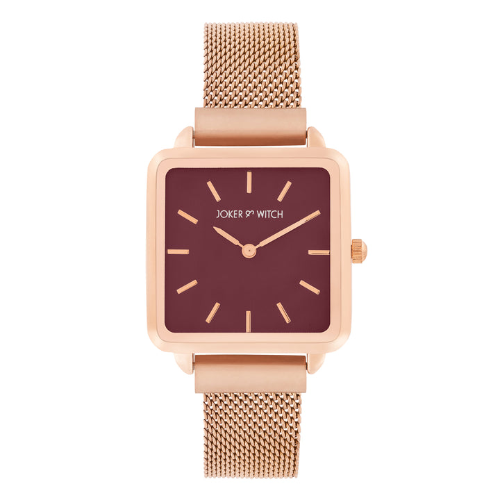 Vintage Maroon Small Square Dial Rose Gold Mesh Strap Women's Watch