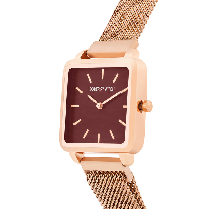 Vintage Maroon Small Square Dial Rose Gold Mesh Strap Women's Watch