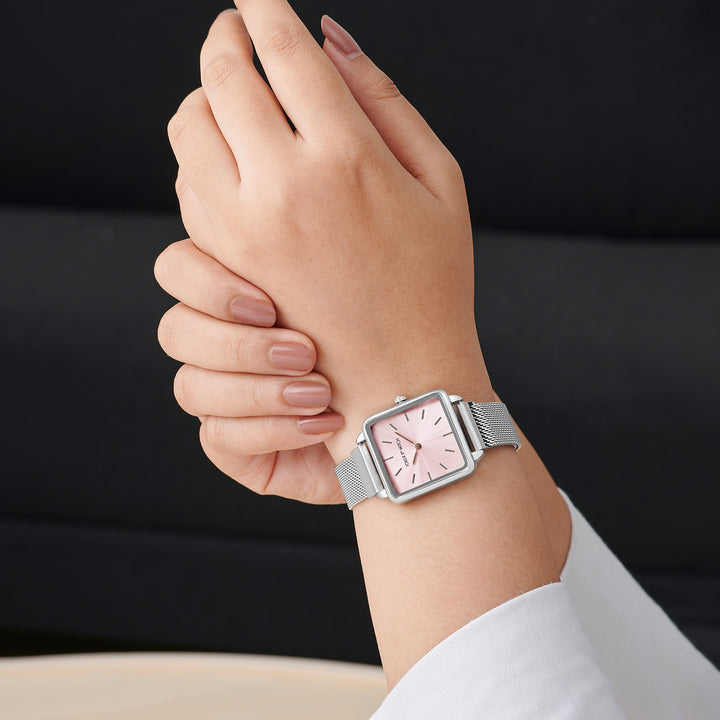 Vintage Pink Small Square Dial Silver Mesh Strap Women's Watch