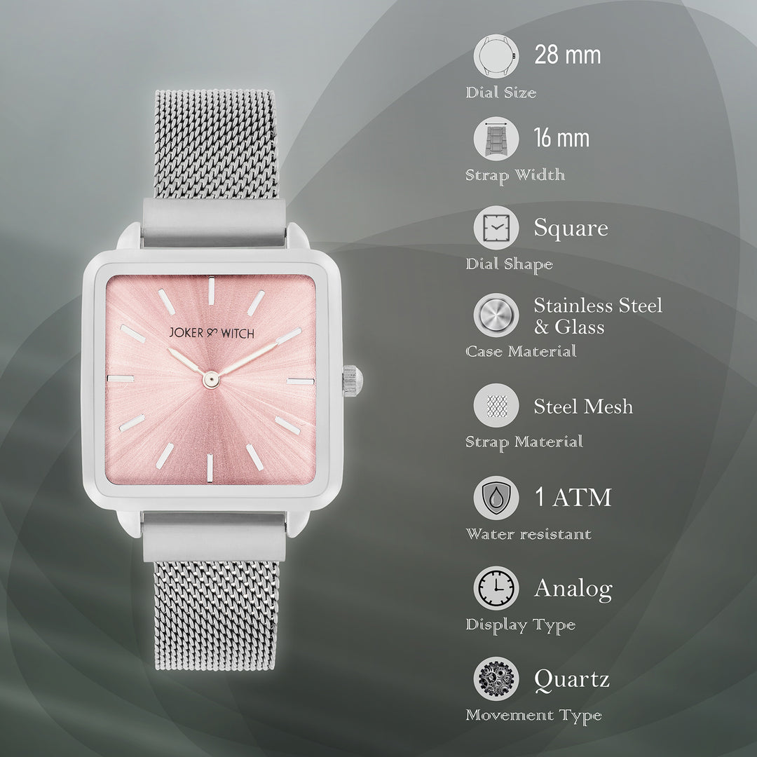 Vintage Pink Small Square Dial Silver Mesh Strap Women's Watch