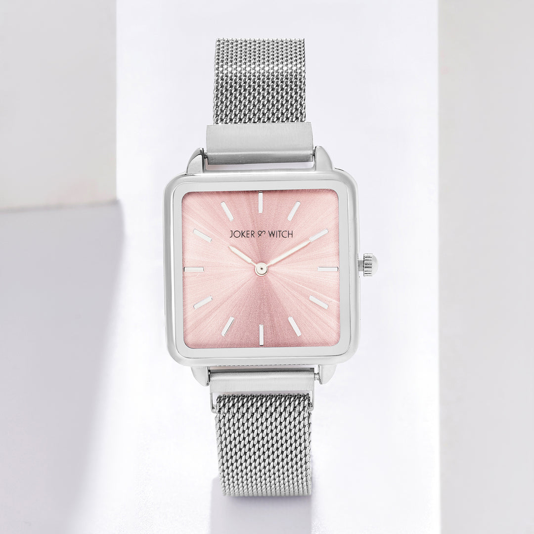 Vintage Pink Small Square Dial Silver Mesh Strap Women's Watch