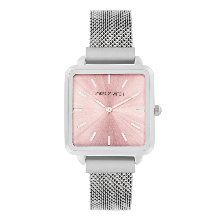 Vintage Pink Small Square Dial Silver Mesh Strap Women's Watch