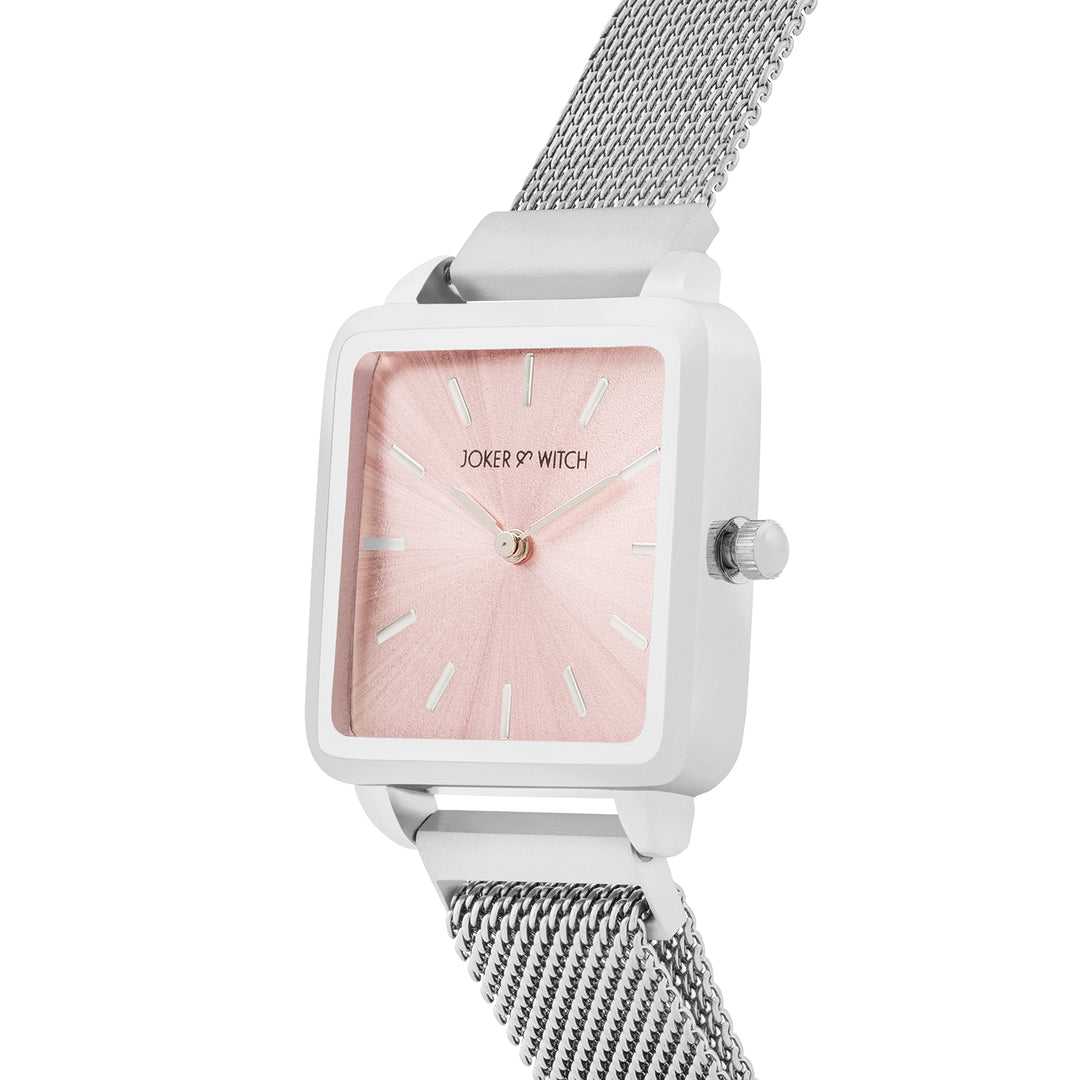 Vintage Pink Small Square Dial Silver Mesh Strap Women's Watch