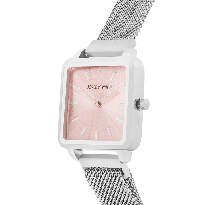 Vintage Pink Small Square Dial Silver Mesh Strap Women's Watch
