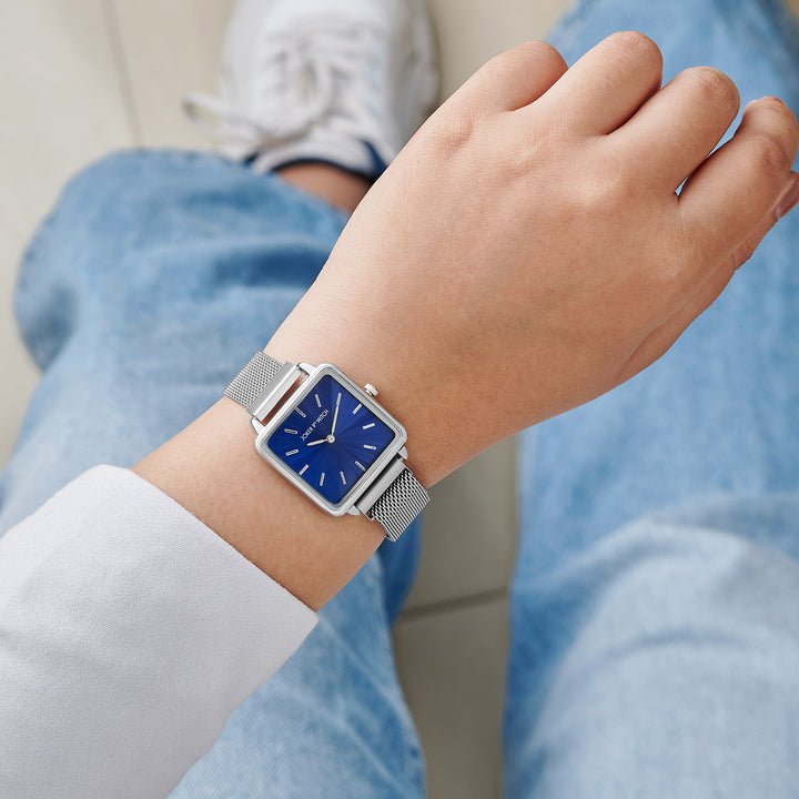 Vintage Blue Small Square Dial Silver Magnetic Strap Women's Watch