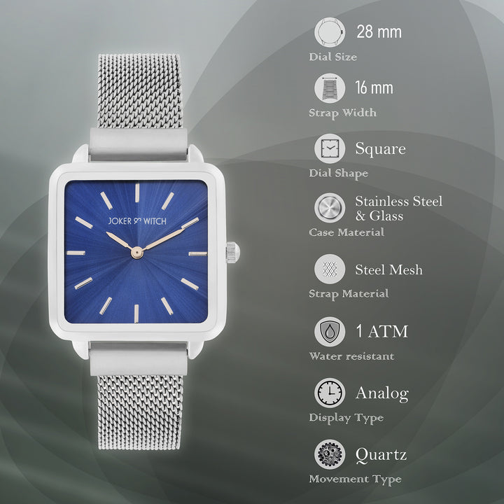 Vintage Blue Small Square Dial Silver Magnetic Strap Women's Watch