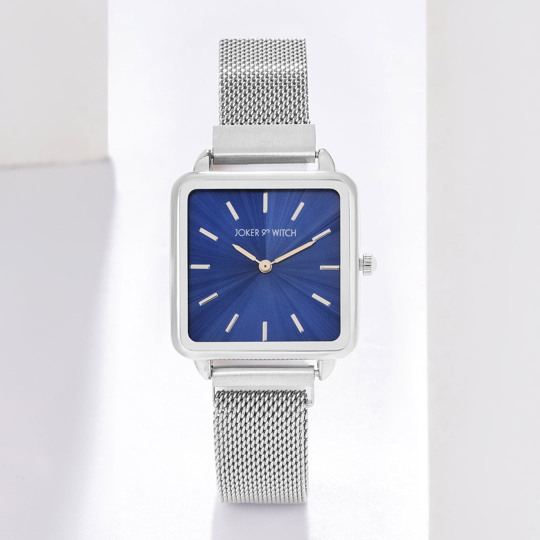 Vintage Blue Small Square Dial Silver Magnetic Strap Women's Watch