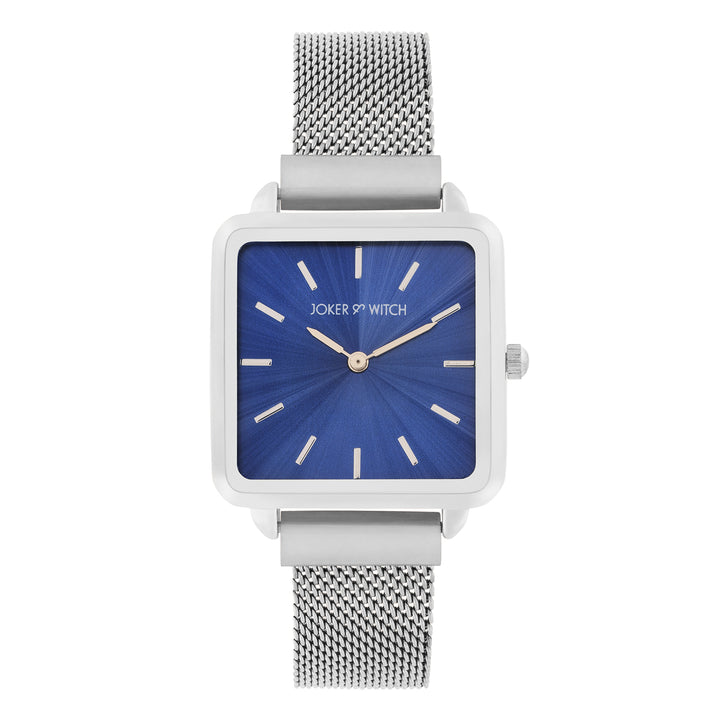 Vintage Blue Small Square Dial Silver Magnetic Strap Women's Watch