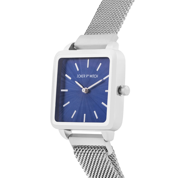 Vintage Blue Small Square Dial Silver Magnetic Strap Women's Watch