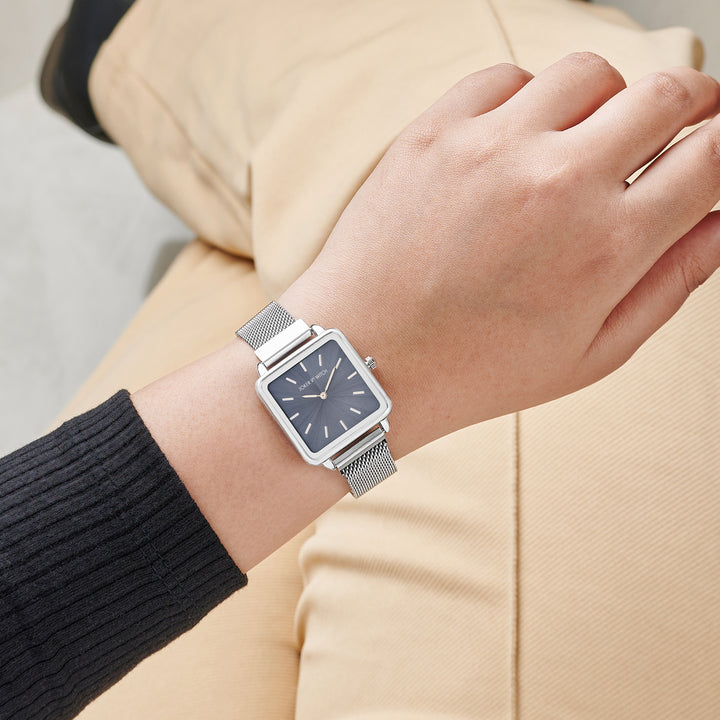 Vintage Grey Small Square Dial Silver Mesh Strap Women's Watch