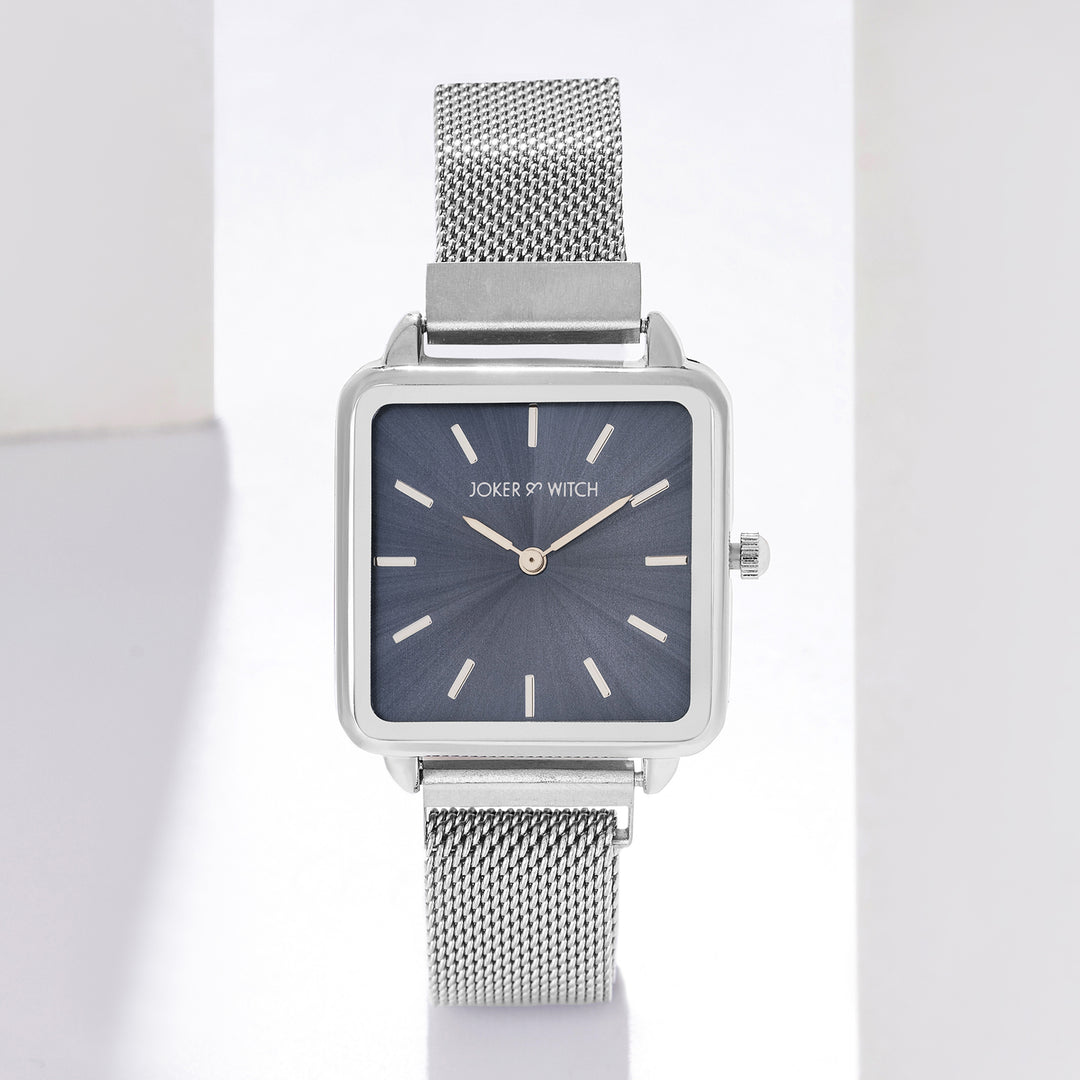 Vintage Grey Small Square Dial Silver Mesh Strap Women's Watch