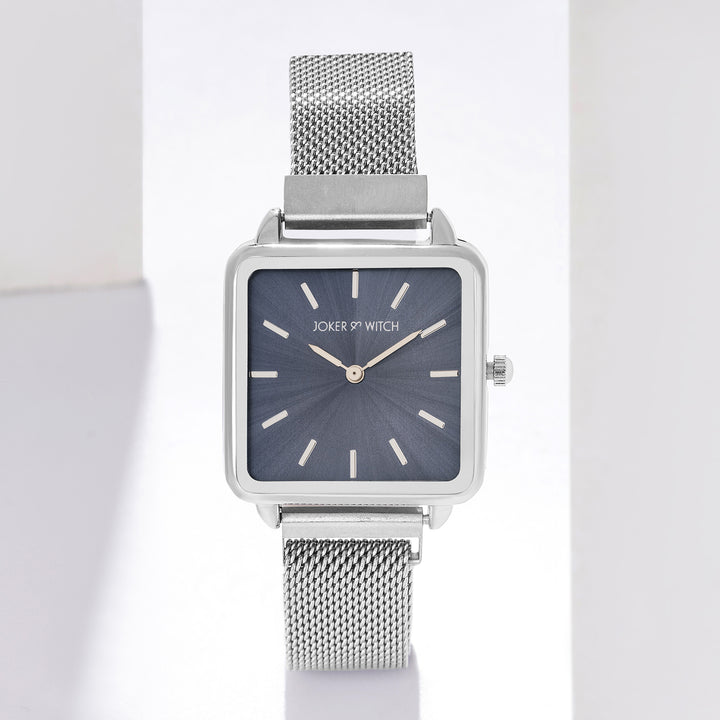 Vintage Grey Small Square Dial Silver Mesh Strap Women's Watch