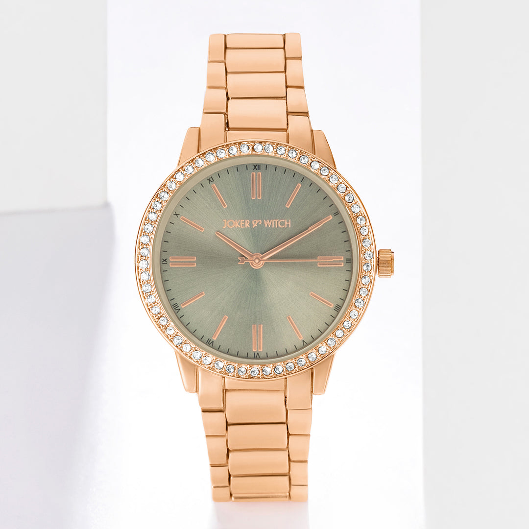 Halo Grey Large Rhinestone Dial Rose Gold Linked Chain Strap Women's Watch