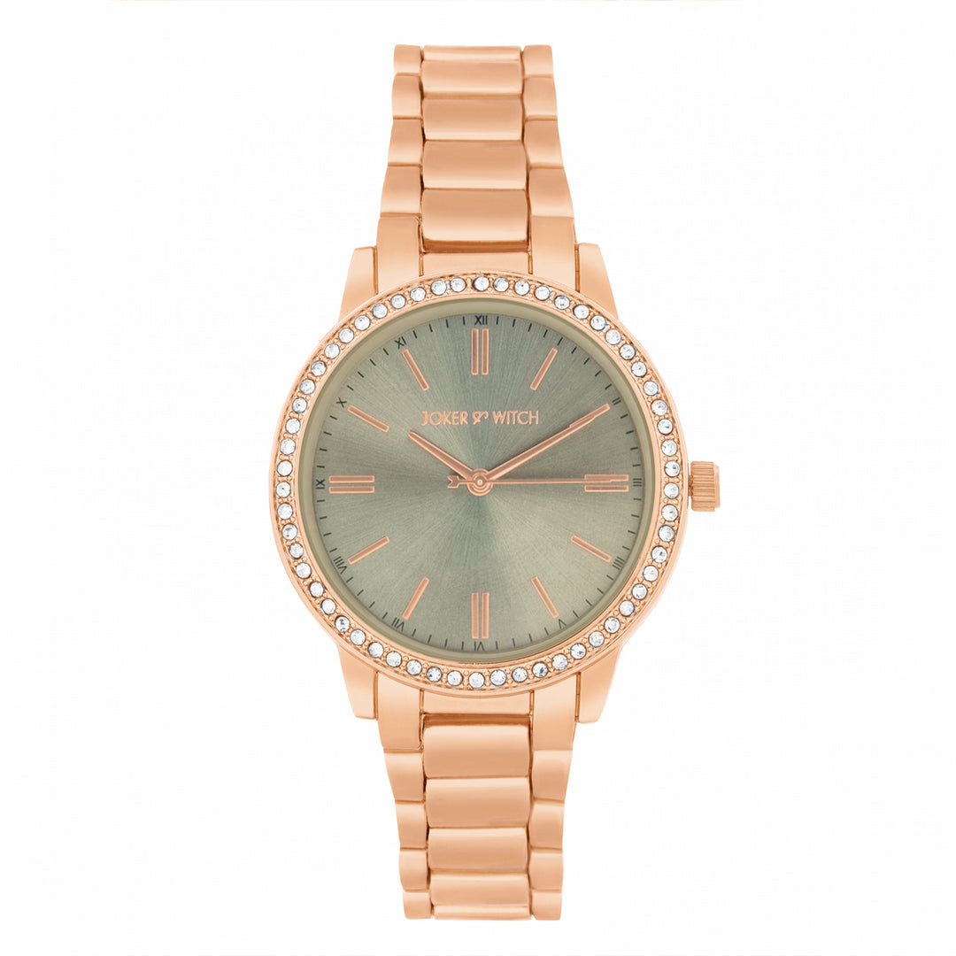 Halo Grey Large Rhinestone Dial Rose Gold Linked Chain Strap Women's Watch