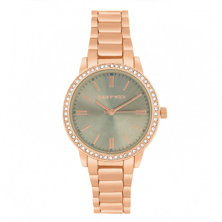 Halo Grey Large Rhinestone Dial Rose Gold Linked Chain Strap Women's Watch