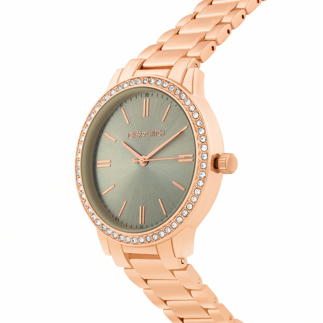 Halo Grey Large Rhinestone Dial Rose Gold Linked Chain Strap Women's Watch