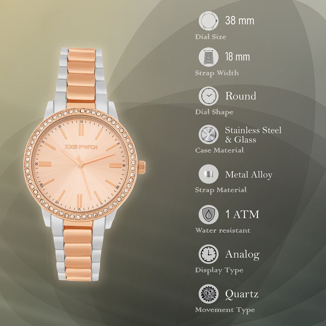 Halo Rose Gold Large Rhinestone Dial Dual Tone Linked Chain Strap Women's Watch