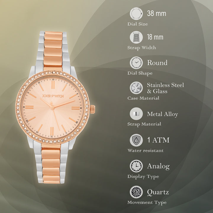 Halo Rose Gold Large Rhinestone Dial Dual Tone Linked Chain Strap Women's Watch