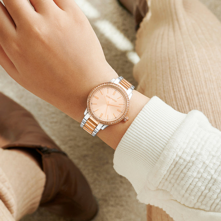 Halo Rose Gold Large Rhinestone Dial Dual Tone Linked Chain Strap Women's Watch