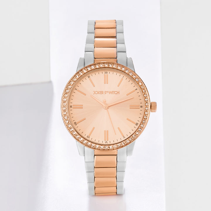 Halo Rose Gold Large Rhinestone Dial Dual Tone Linked Chain Strap Women's Watch