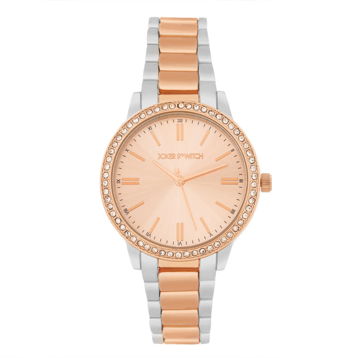 Halo Rose Gold Large Rhinestone Dial Dual Tone Linked Chain Strap Women's Watch