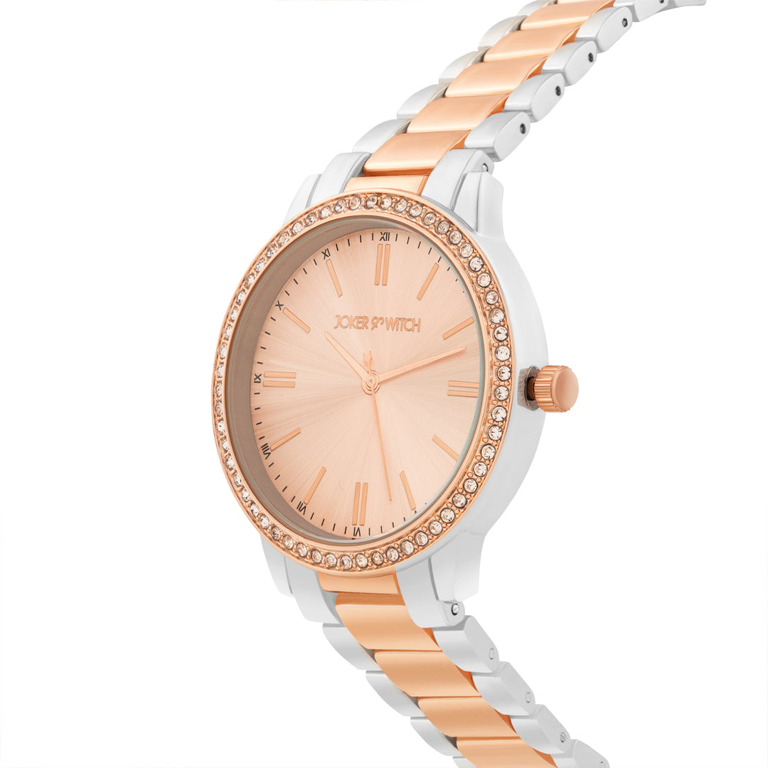 Halo Rose Gold Large Rhinestone Dial Dual Tone Linked Chain Strap Women's Watch