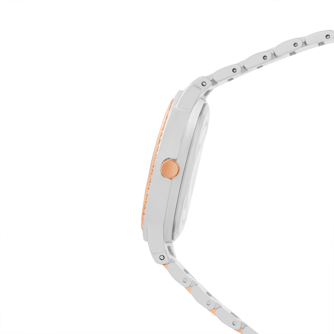 Halo Rose Gold Large Rhinestone Dial Dual Tone Linked Chain Strap Women's Watch