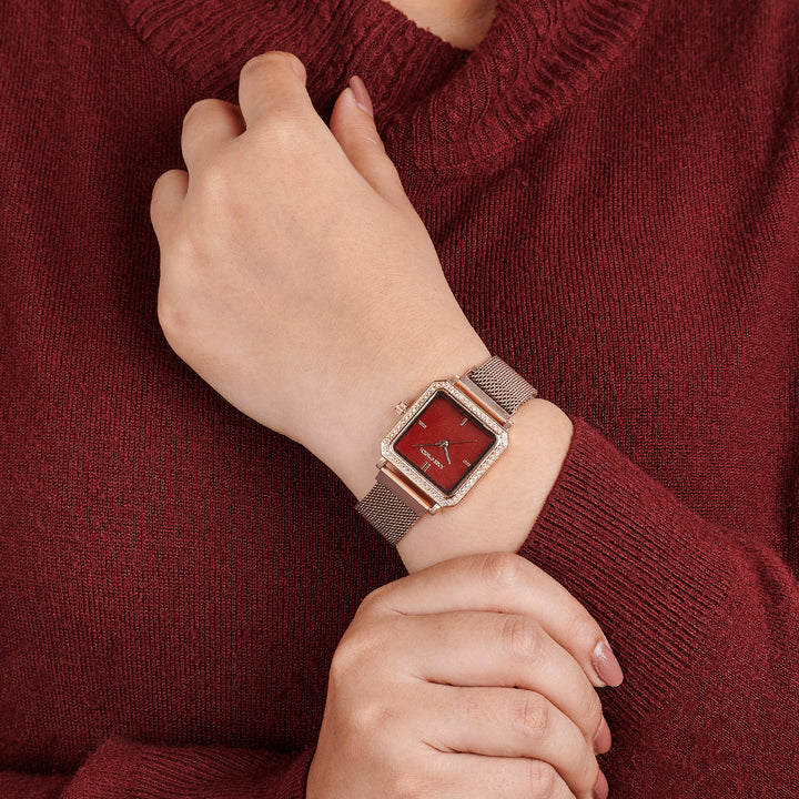 Octa Maroon Small Square Rhinestone Dial Rose Gold Magnetic Strap Women's Watch