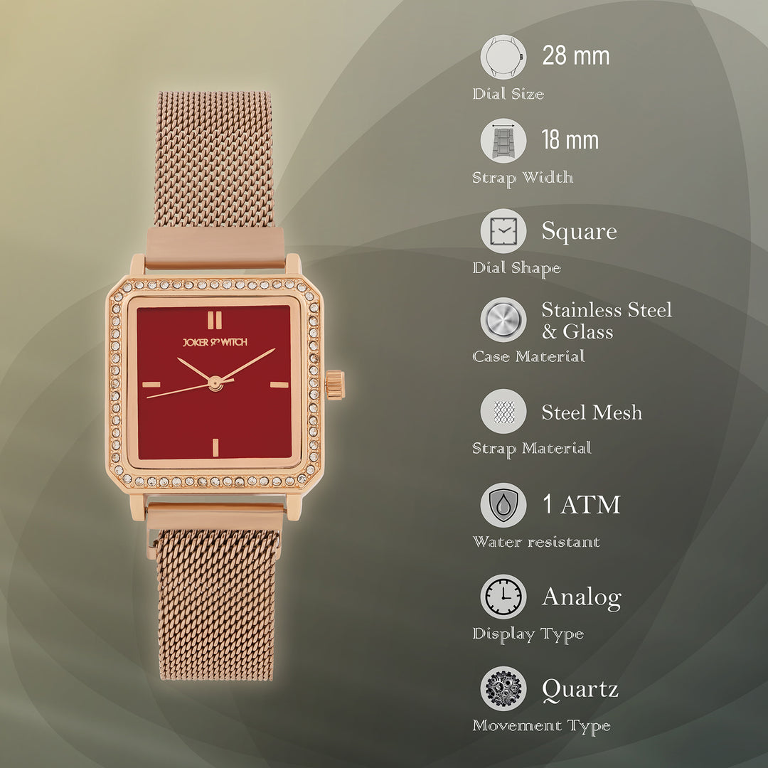 Octa Maroon Small Square Rhinestone Dial Rose Gold Magnetic Strap Women's Watch