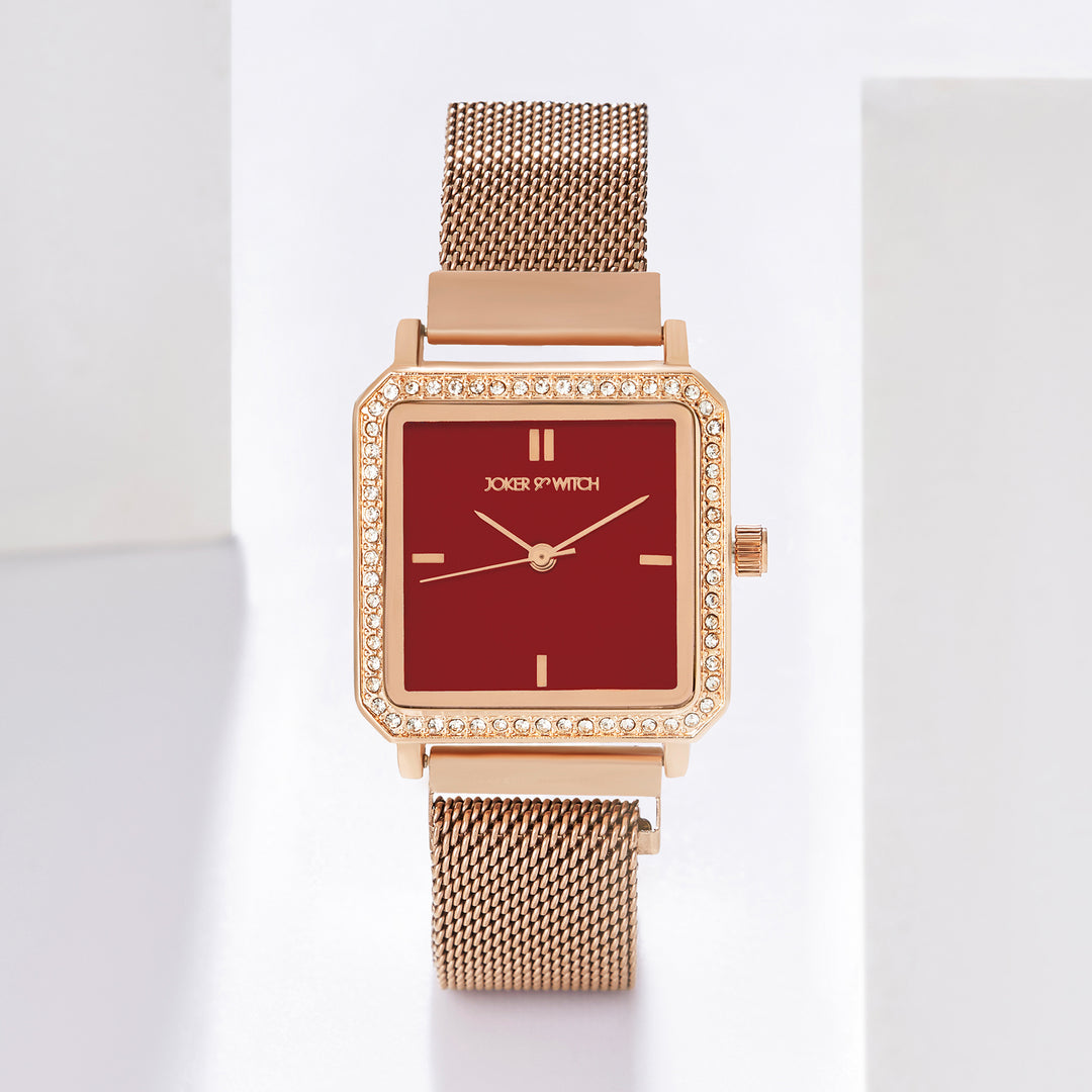 Octa Maroon Small Square Rhinestone Dial Rose Gold Magnetic Strap Women's Watch
