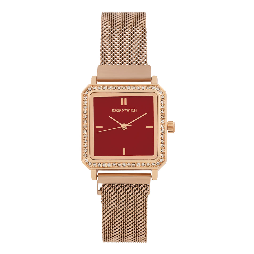 Octa Maroon Small Square Rhinestone Dial Rose Gold Magnetic Strap Women's Watch