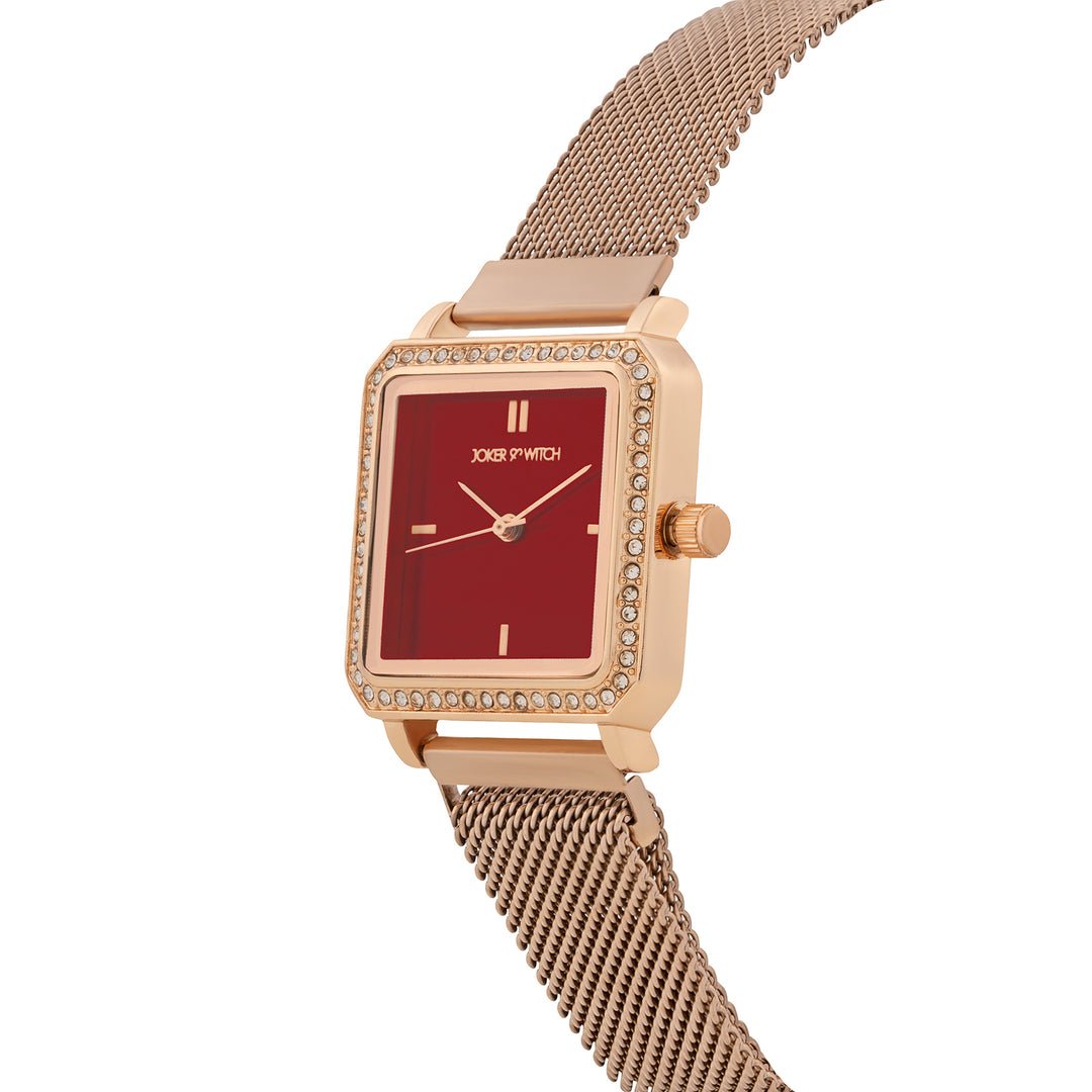 Octa Maroon Small Square Rhinestone Dial Rose Gold Magnetic Strap Women's Watch