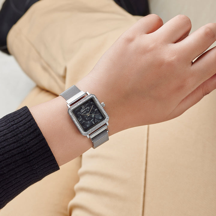 Octa Black Small Square Rhinestone Dial Silver Magnetic Strap Women's Watch