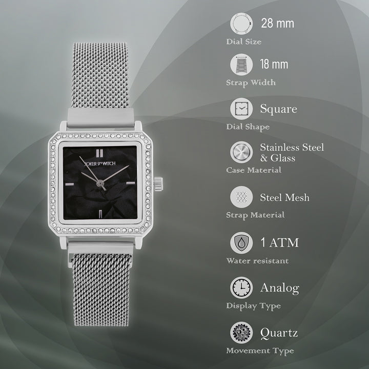 Octa Black Small Square Rhinestone Dial Silver Magnetic Strap Women's Watch