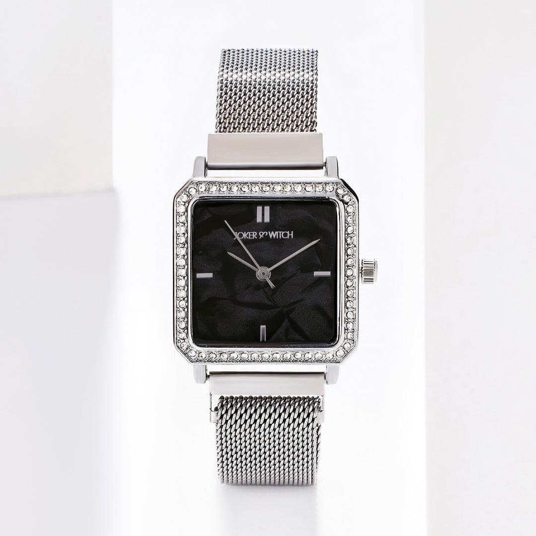 Octa Black Small Square Rhinestone Dial Silver Magnetic Strap Women's Watch