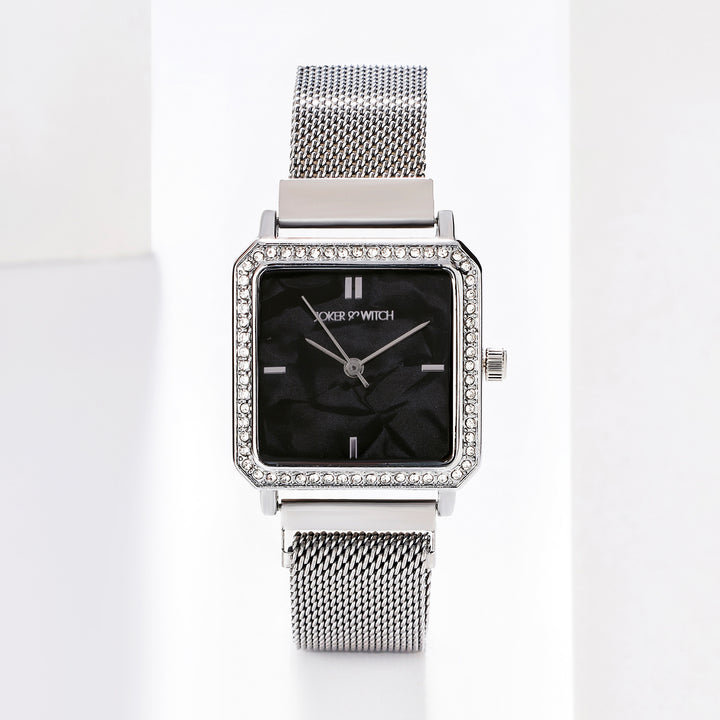 Octa Black Small Square Rhinestone Dial Silver Magnetic Strap Women's Watch