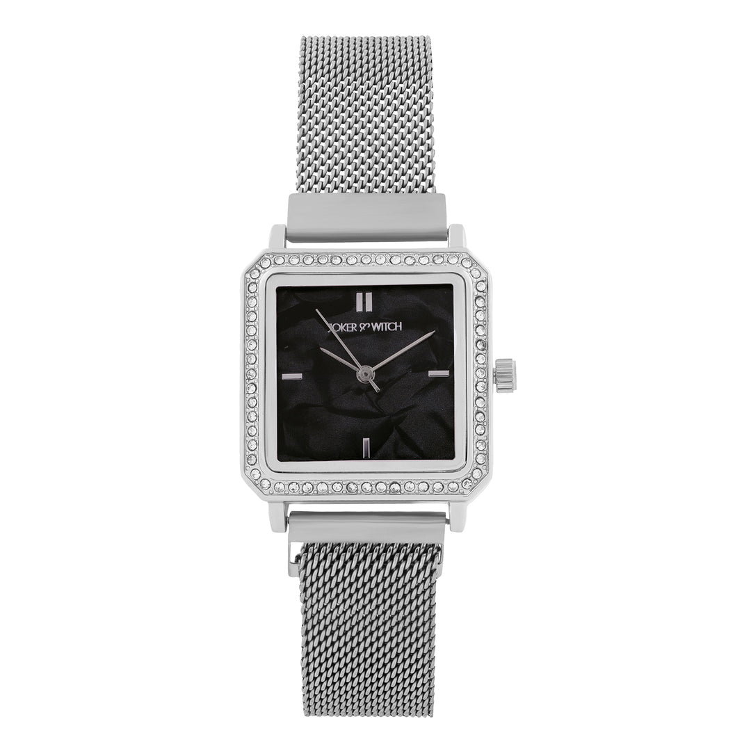 Octa Black Small Square Rhinestone Dial Silver Magnetic Strap Women's Watch