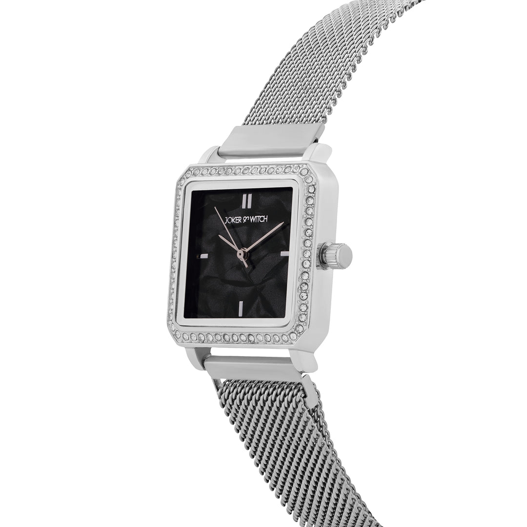 Octa Black Small Square Rhinestone Dial Silver Magnetic Strap Women's Watch