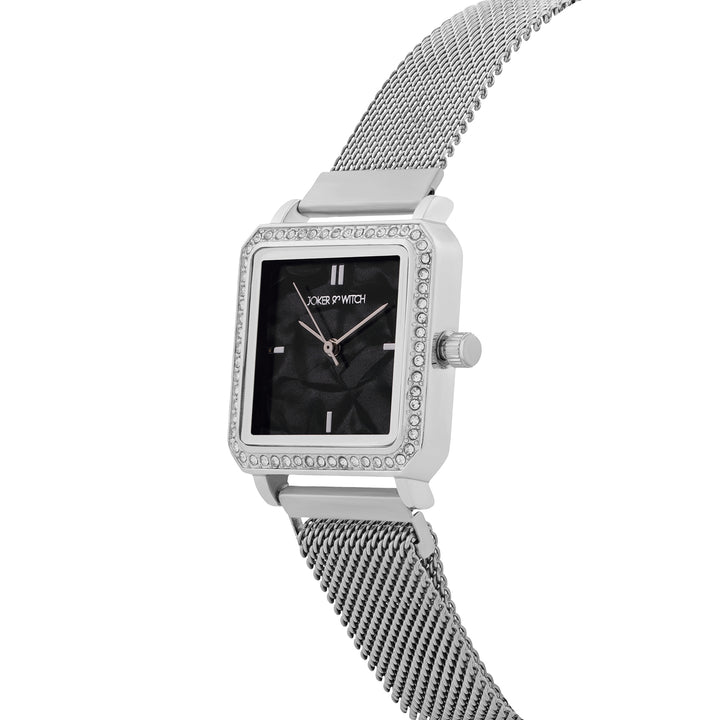 Octa Black Small Square Rhinestone Dial Silver Magnetic Strap Women's Watch