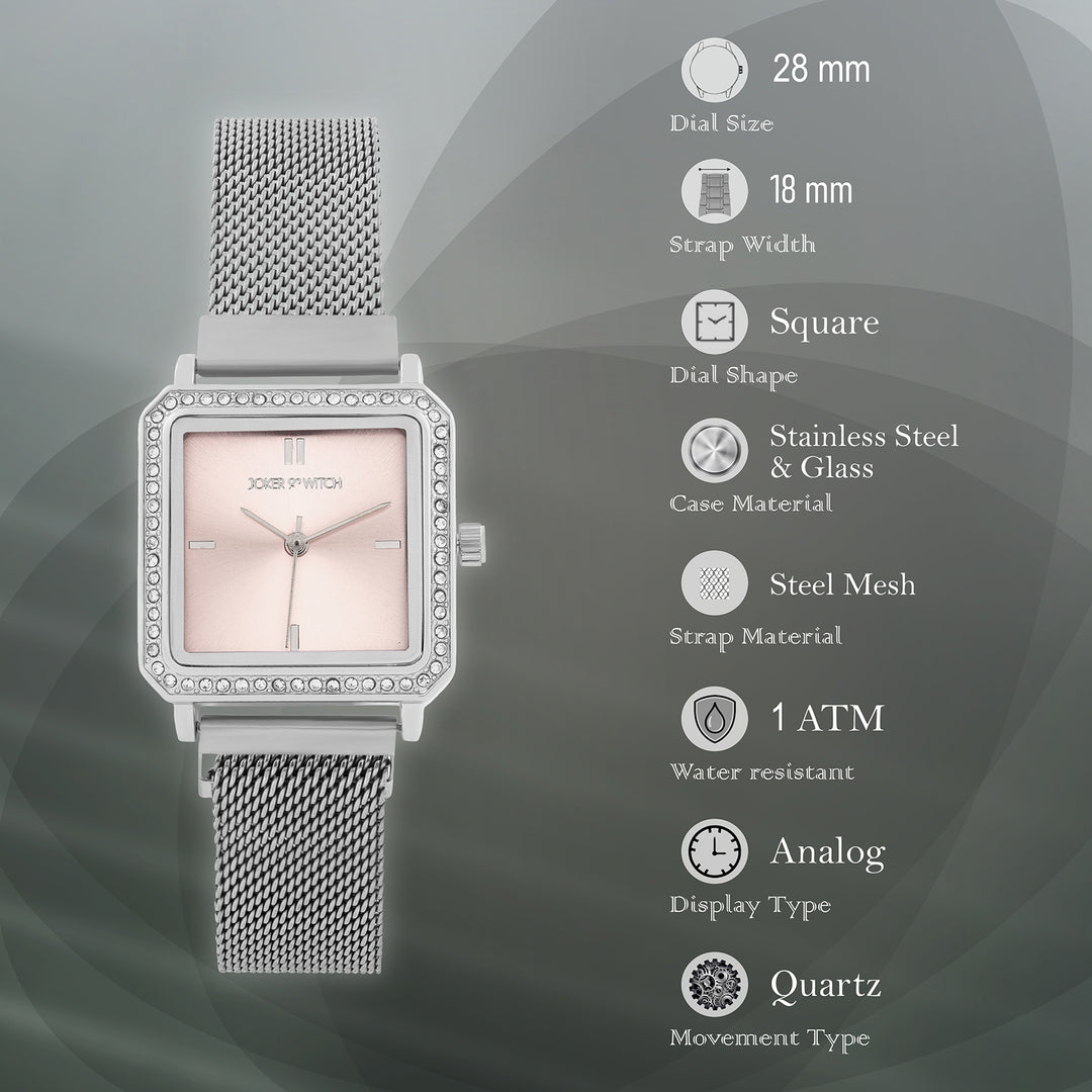 Octa Pink Small Square Rhinestone Dial Silver Magnetic Strap Women's Watch