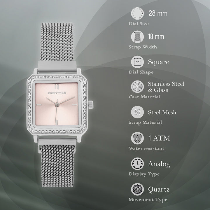 Octa Pink Small Square Rhinestone Dial Silver Magnetic Strap Women's Watch