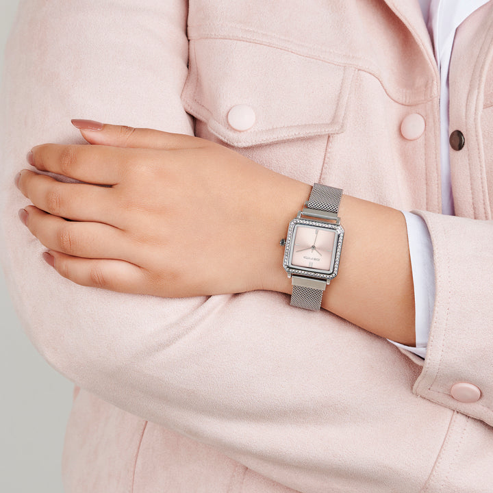 Octa Pink Small Square Rhinestone Dial Silver Magnetic Strap Women's Watch