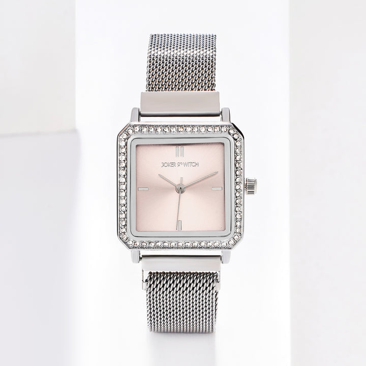 Octa Pink Small Square Rhinestone Dial Silver Magnetic Strap Women's Watch