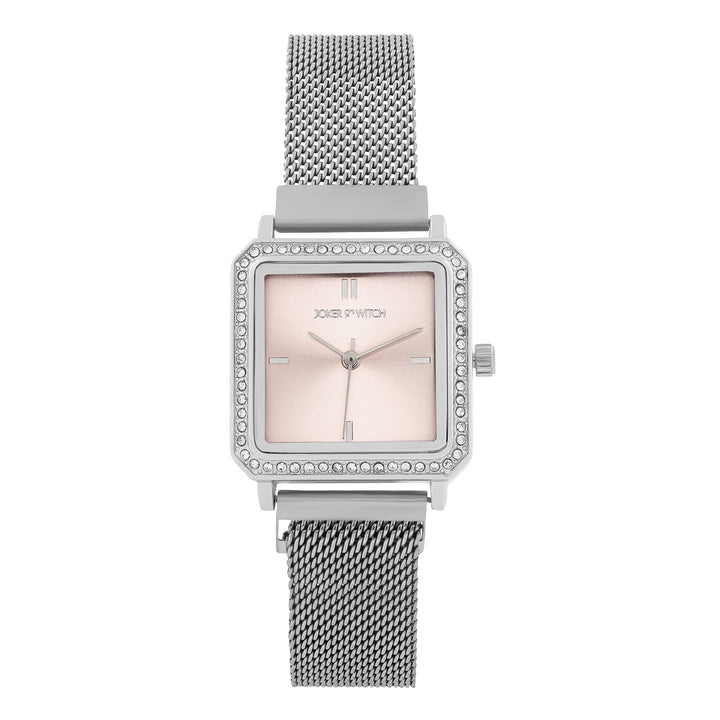 Octa Pink Small Square Rhinestone Dial Silver Magnetic Strap Women's Watch