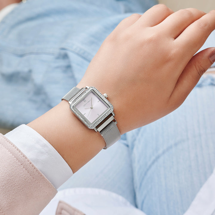 Octa Lavender Small Square Rhinestone Dial Silver Magnetic Strap Women's Watch